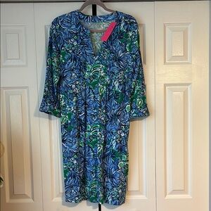 NWT-Lilly Pulitzer Medium Fairfax 3/4 Sleeve Dress In Abaco Blue In Turtle Awe